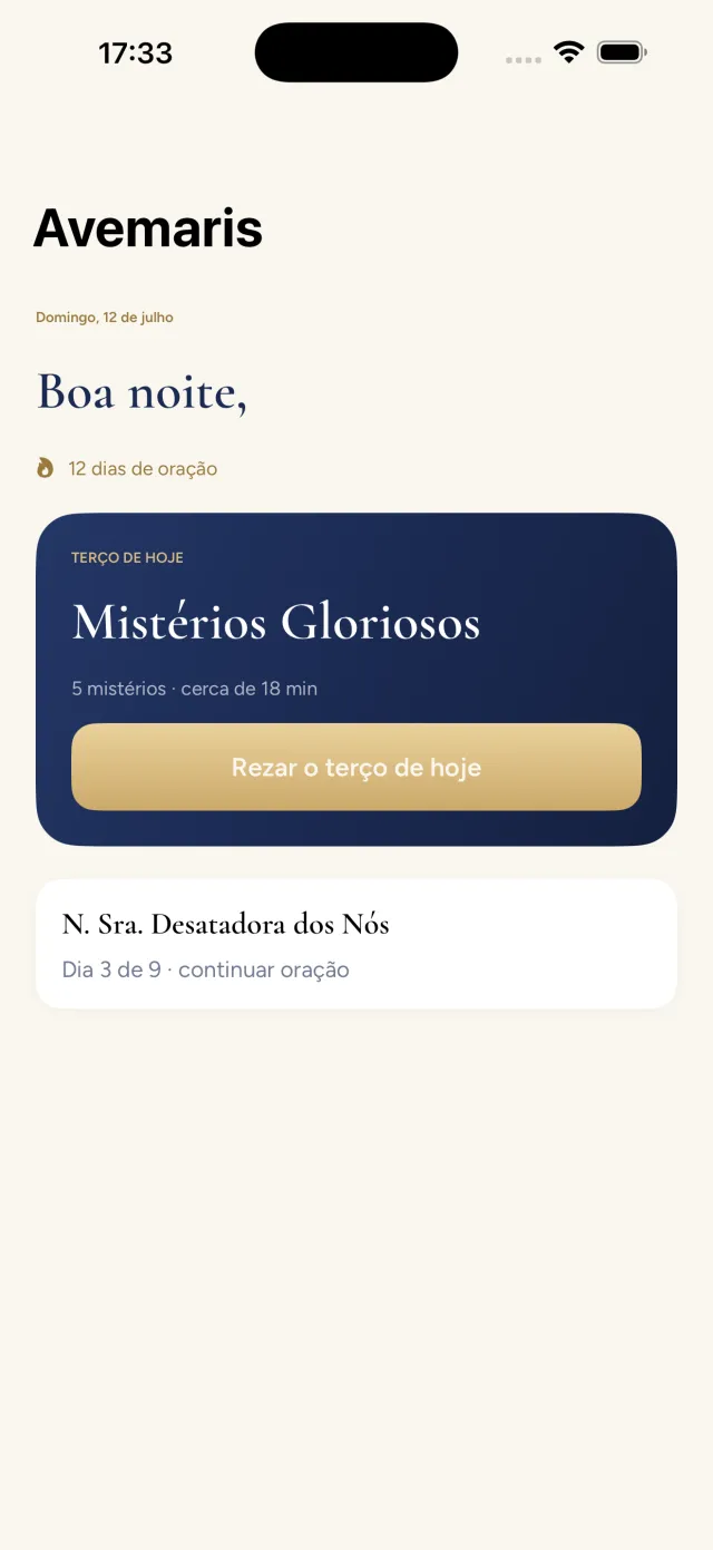 Tela inicial do Avemaris com o terço do dia e a novena em andamento