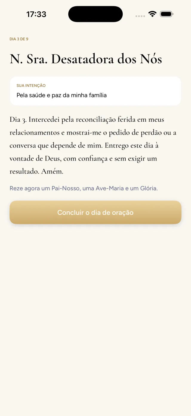 Detalhe de uma novena no Avemaris com progresso do dia 1 ao 9