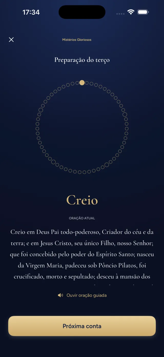 Tela de oração do Avemaris: mistérios gloriosos, anel de contas do terço e o texto do Creio