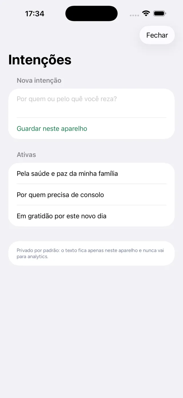 Tela de intenções privadas do Avemaris